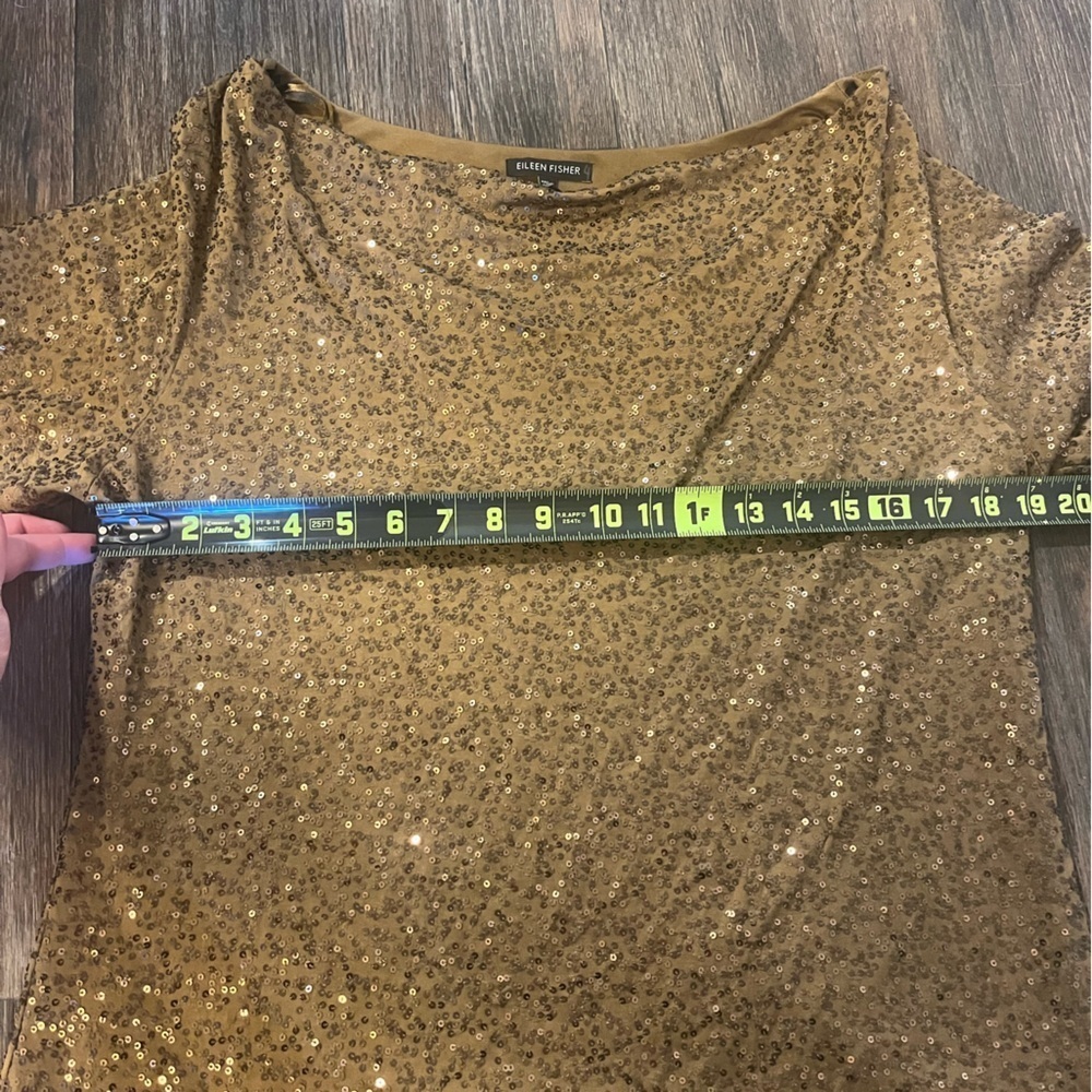 Eileen Fisher 100% Silk Sequin Cowl Neck 3/4 Sleeve Old Money Green/Gold Large - Picture 8 of 8